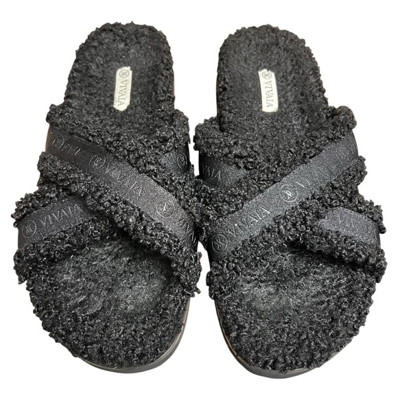 Vivaia Black Hannah Furry Criss Cross Comfort Arch Support Slippers Size 8 - Picture 1 of 8